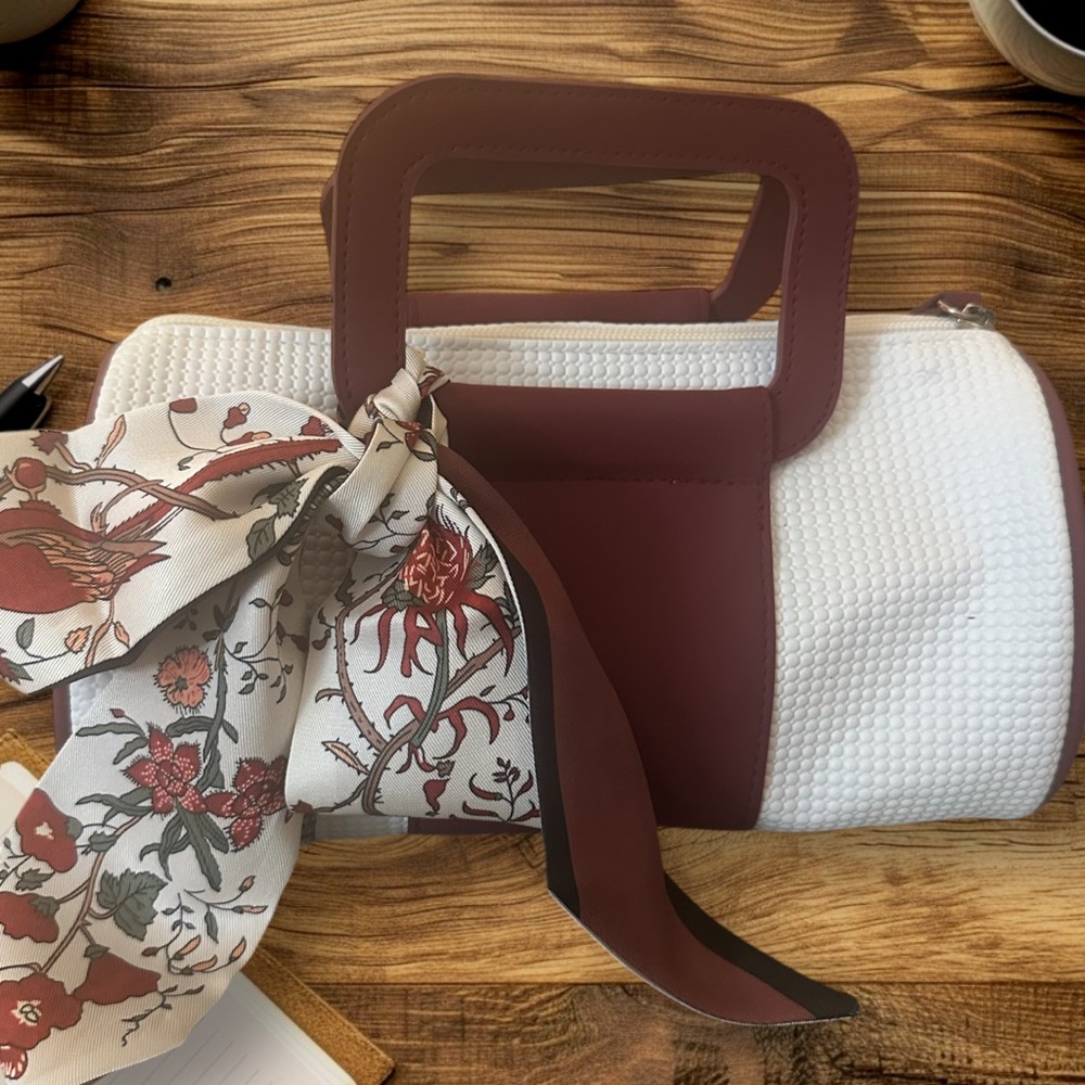 Shiseido Two-Tone Handbag Cream With Burgundy Versatile‎ Travel or Cosmetic Bag